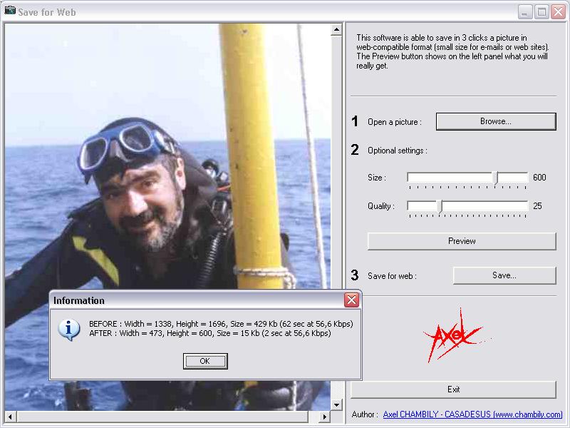 screenshot of SaveForWeb web, e-mail, picture, light, size, site